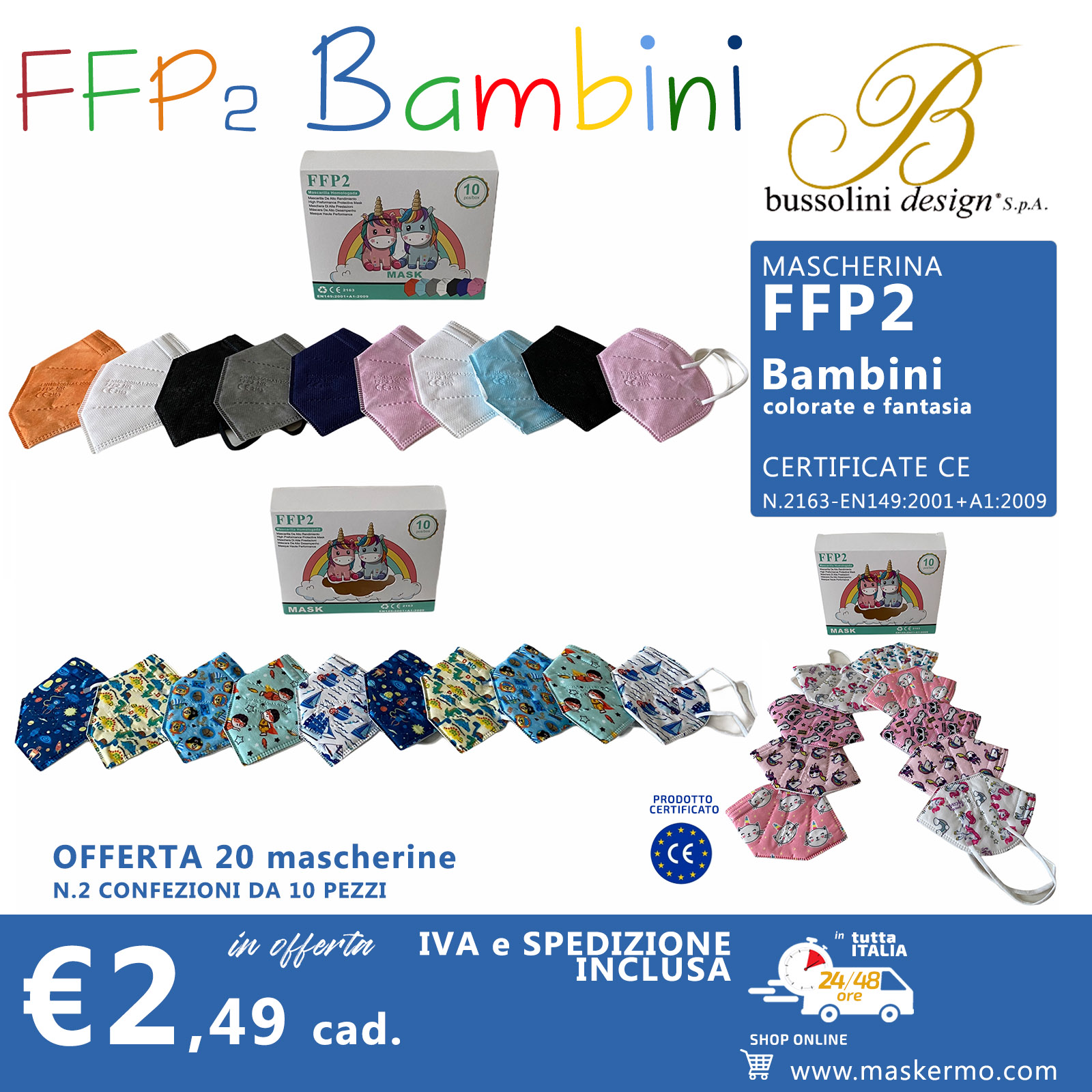 Mascherina FFP2 Bambini certificata CE 2163 DPI CAT. III UNI EN 149: